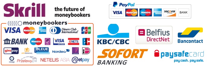 We accept: PayPal and Skrill. Creditcards, SEPA bank transfers, Ideal, Paysafecards, Sofort banking