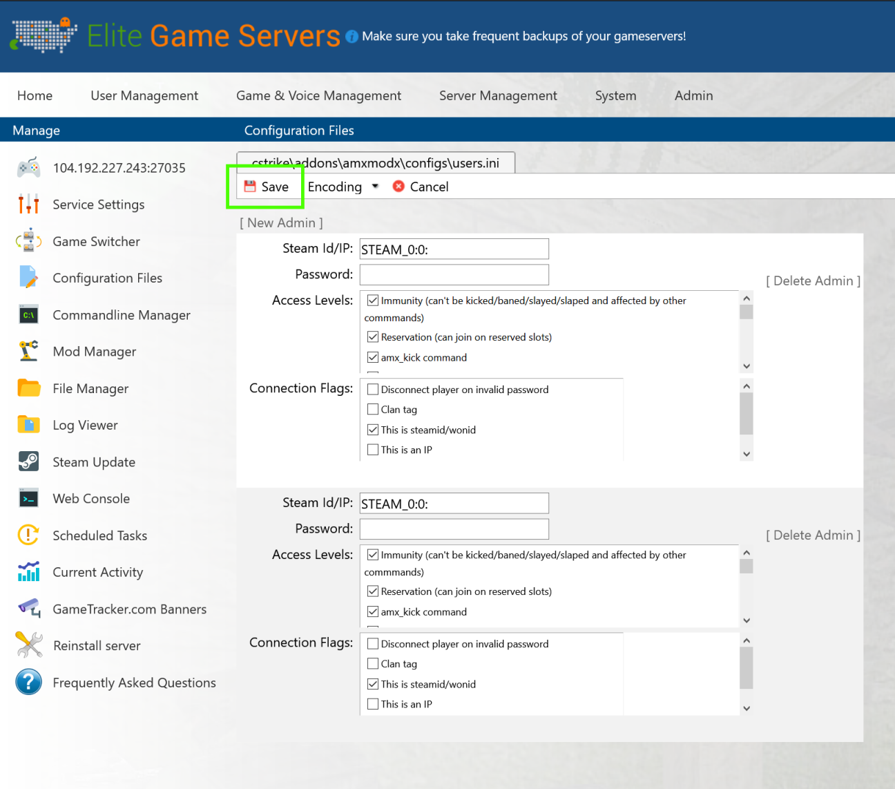 Adding an AMX Mod X admin with the configuration editor.