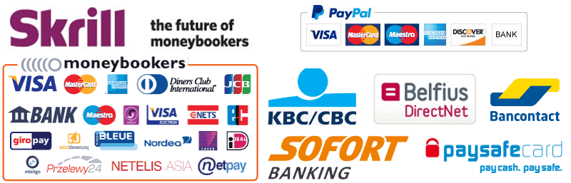 We accept: PayPal and Skrill. Creditcards, SEPA bank transfers, Ideal, Paysafecards, Sofort banking